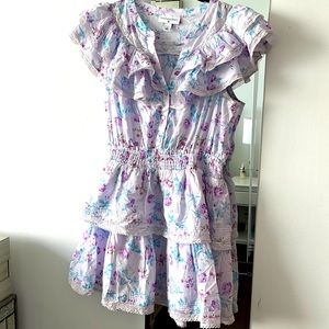 LOVE SHACK FANCY target, purple floral dress with ruffles and lace detail.